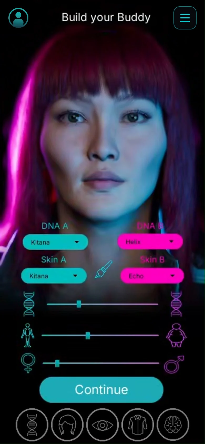 The builder: DNA stage, live MetaHuman updating as you drag