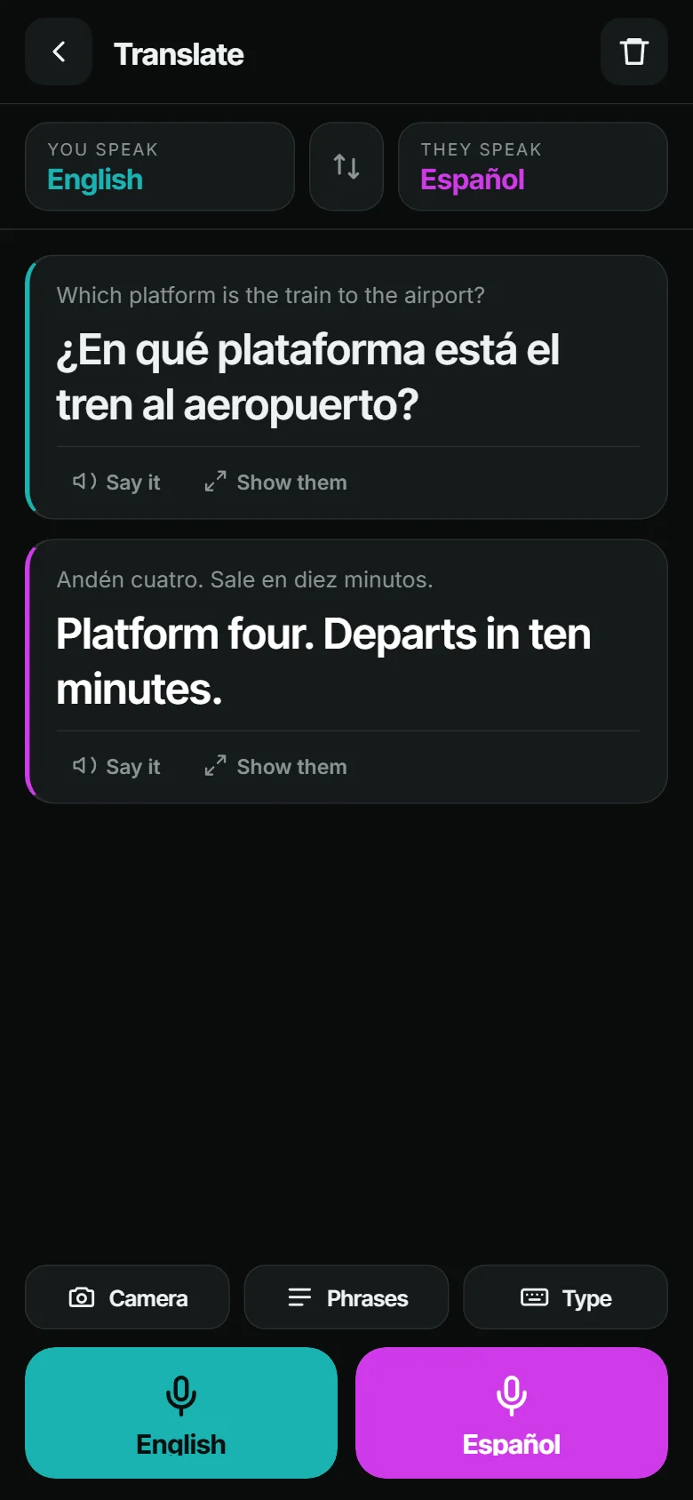 Translate mode: an English question, its Spanish answer, and both replies read aloud