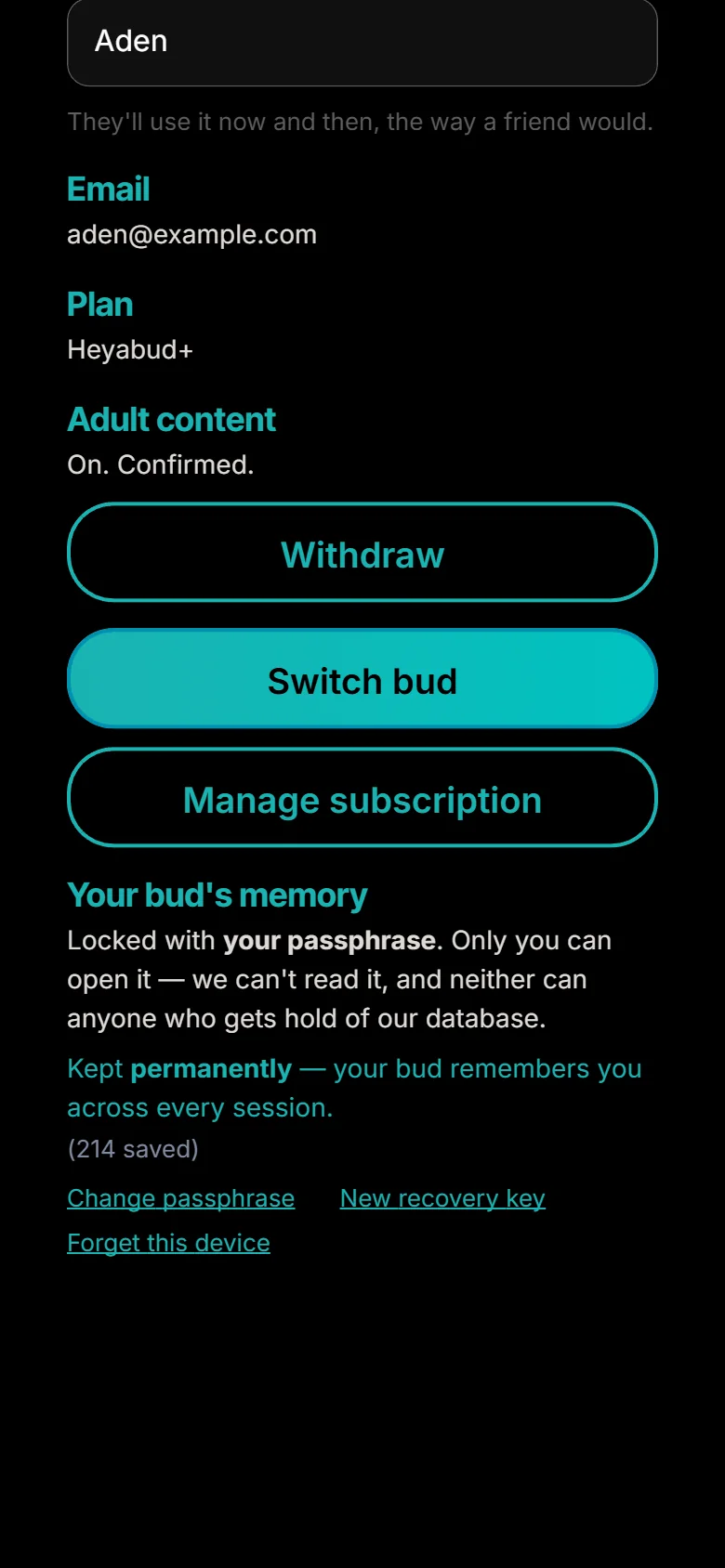 Account: your bud's memory, locked with your passphrase